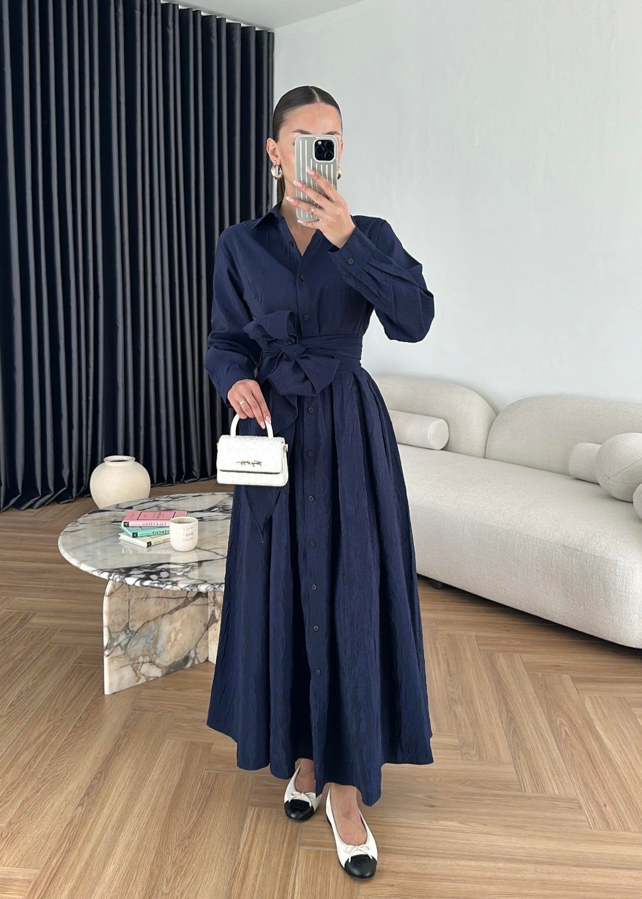 Kraşlı Beli Bağlamalı Elbise LACİVERT