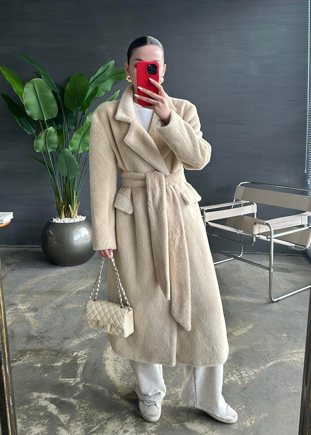 Alpaka Uzun Palto BEJ