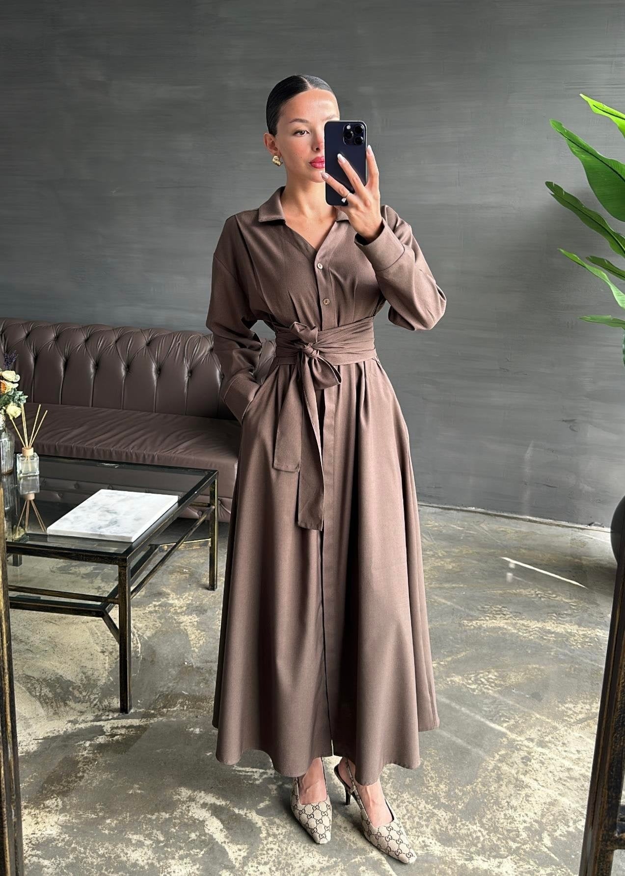 Kuşaklı Elbise KAHVERENGİ