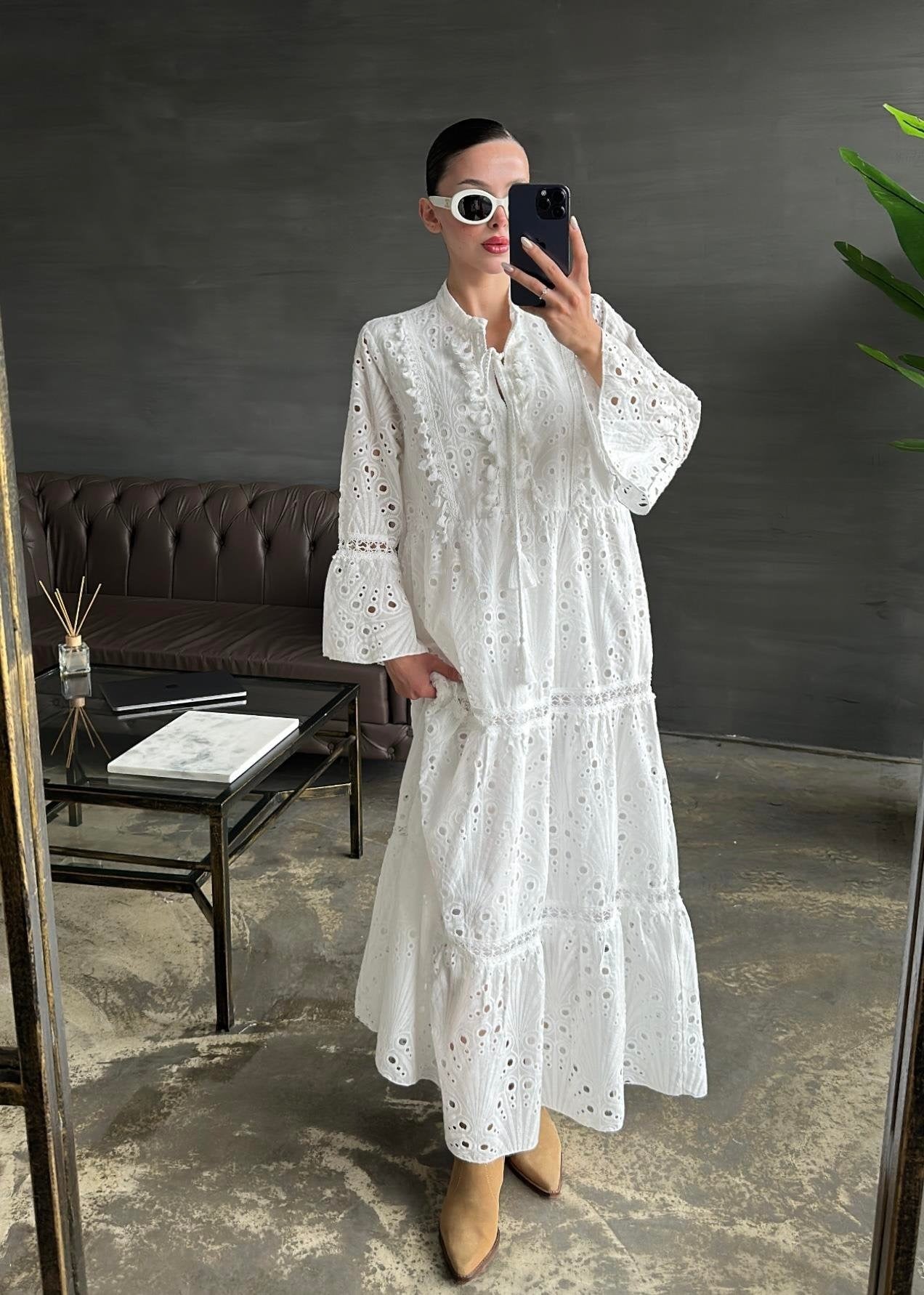 İspanyol Kol Fisto Detay Elbise BEYAZ