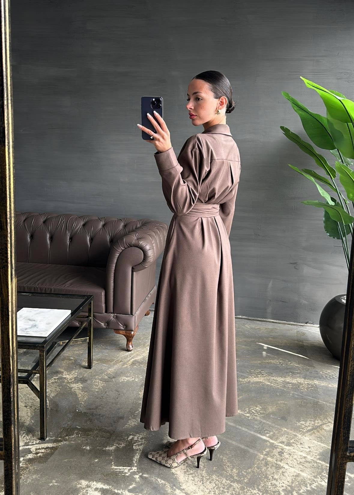 Kuşaklı Elbise KAHVERENGİ