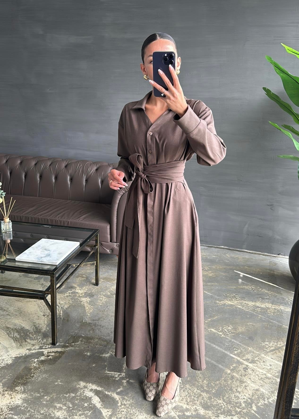 Kuşaklı Elbise KAHVERENGİ