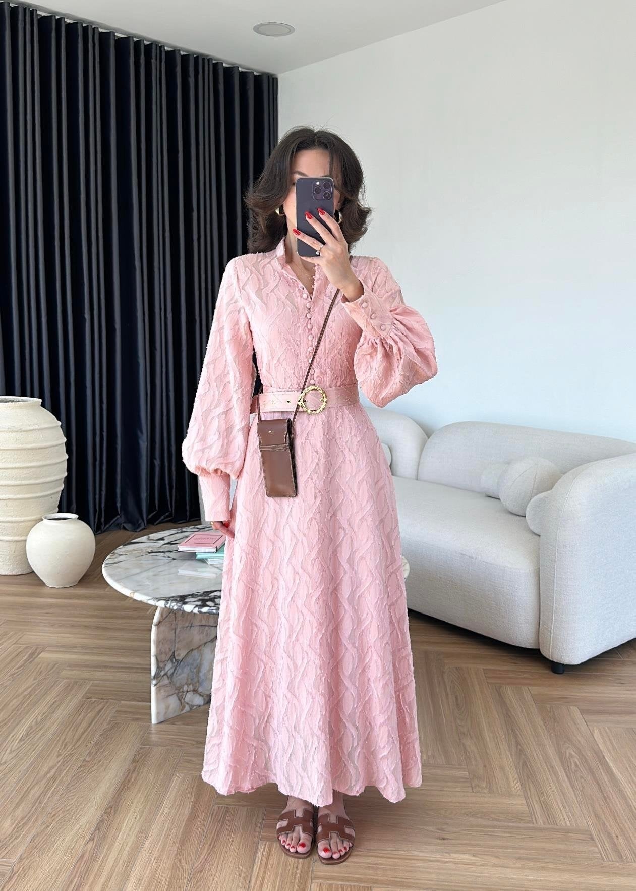 Kemerli Marka Muadil Elbise PUDRA PEMBE