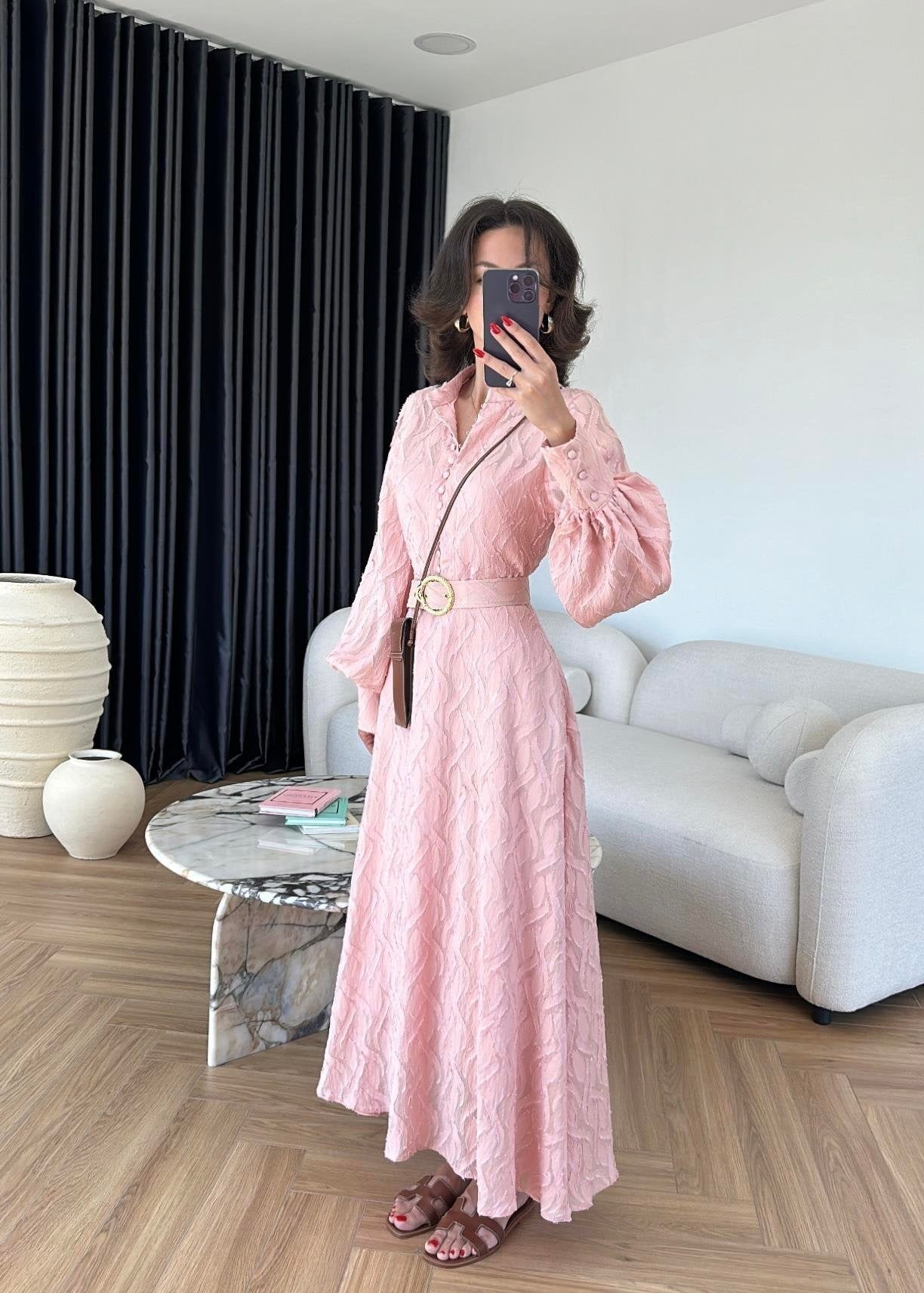 Kemerli Marka Muadil Elbise PUDRA PEMBE