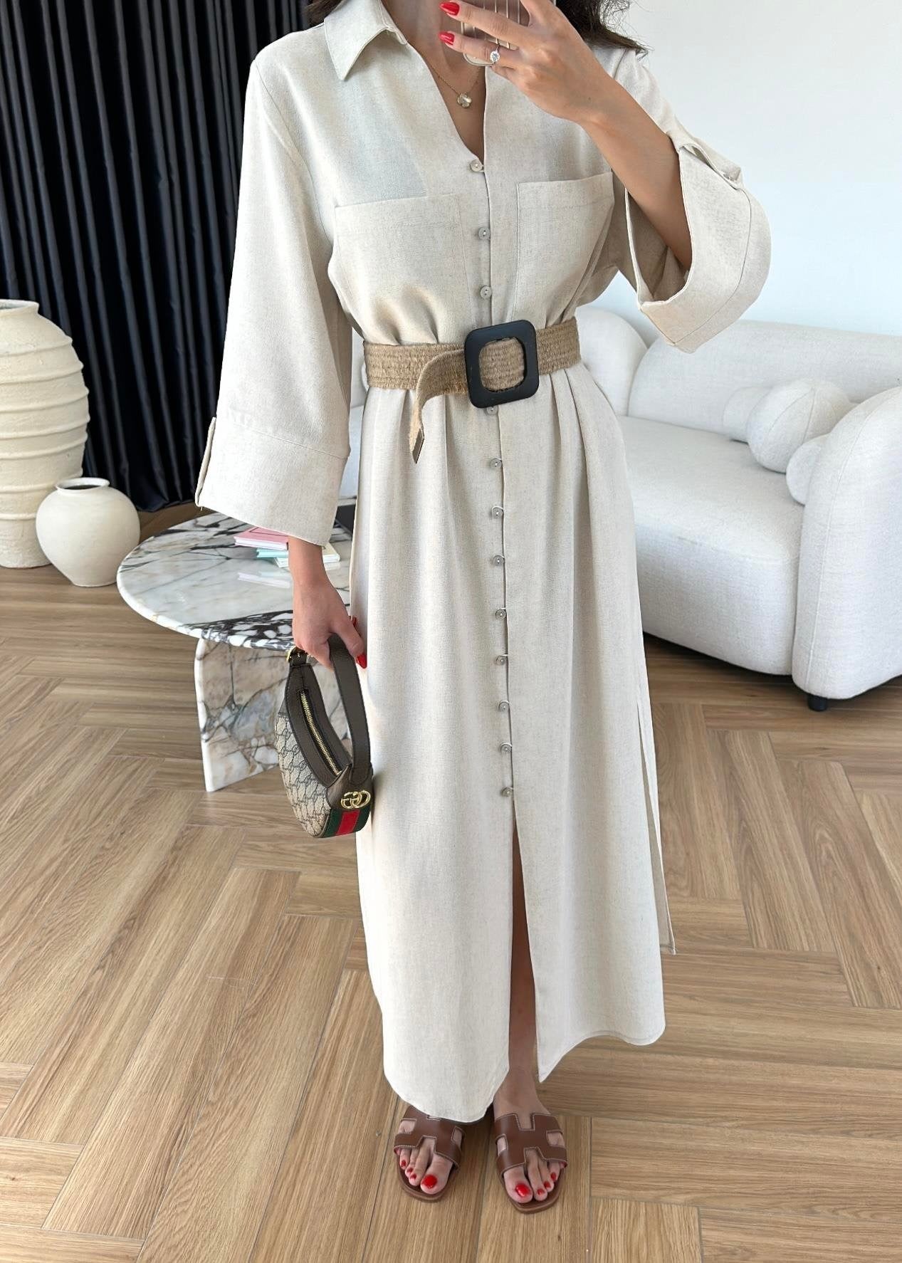Hasır Kemerli Keten Gömlek Elbise NATUR