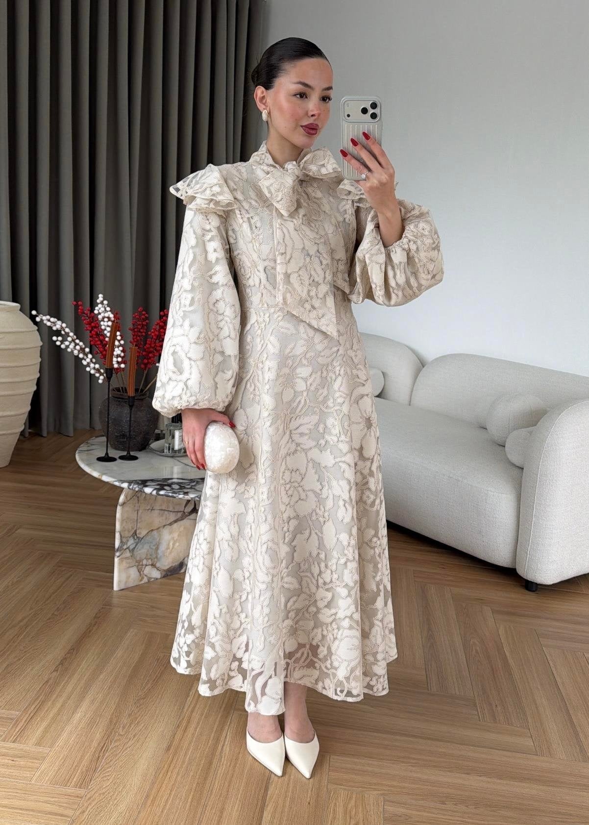 Jakarlı Astarlı Tül Elbise BEJ