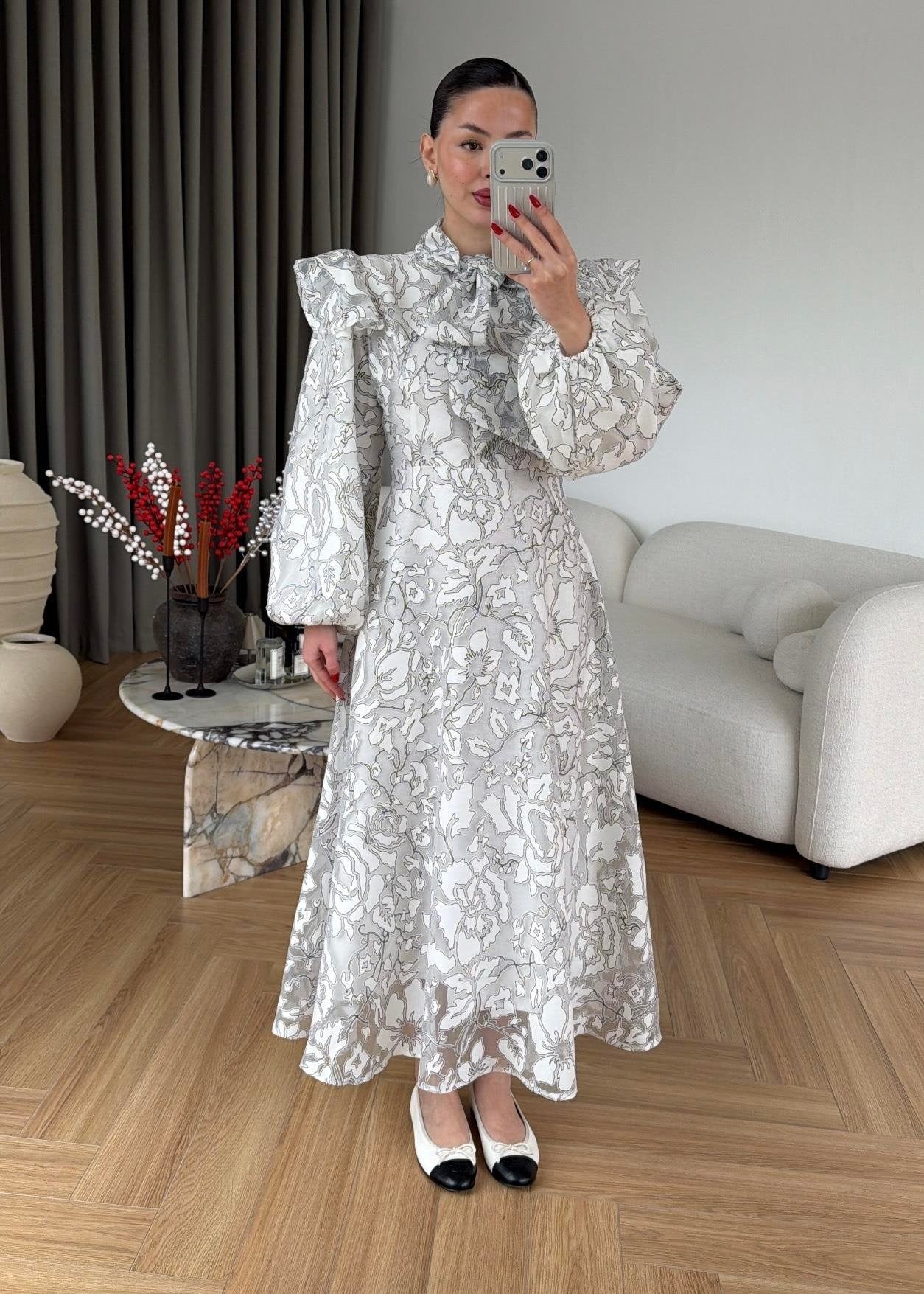 Jakarlı Astarlı Tül Elbise BEYAZ