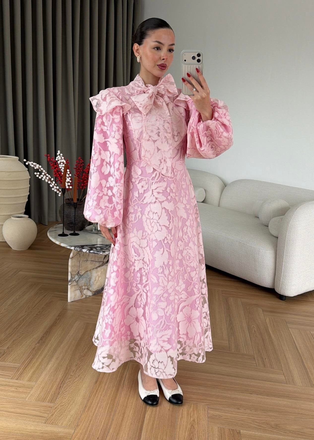 Jakarlı Astarlı Tül Elbise PUDRA PEMBE