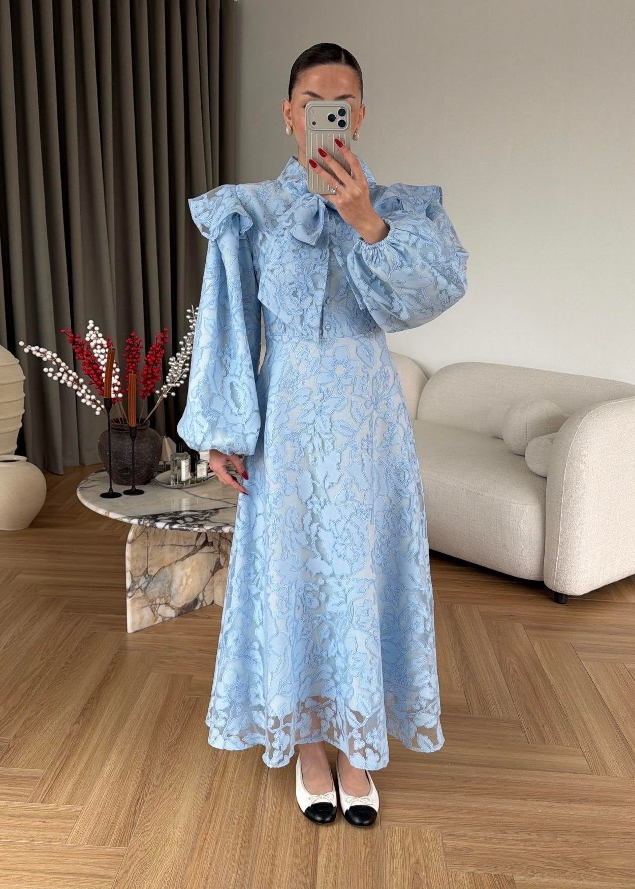 Jakarlı Astarlı Tül Elbise BEBE MAVİ