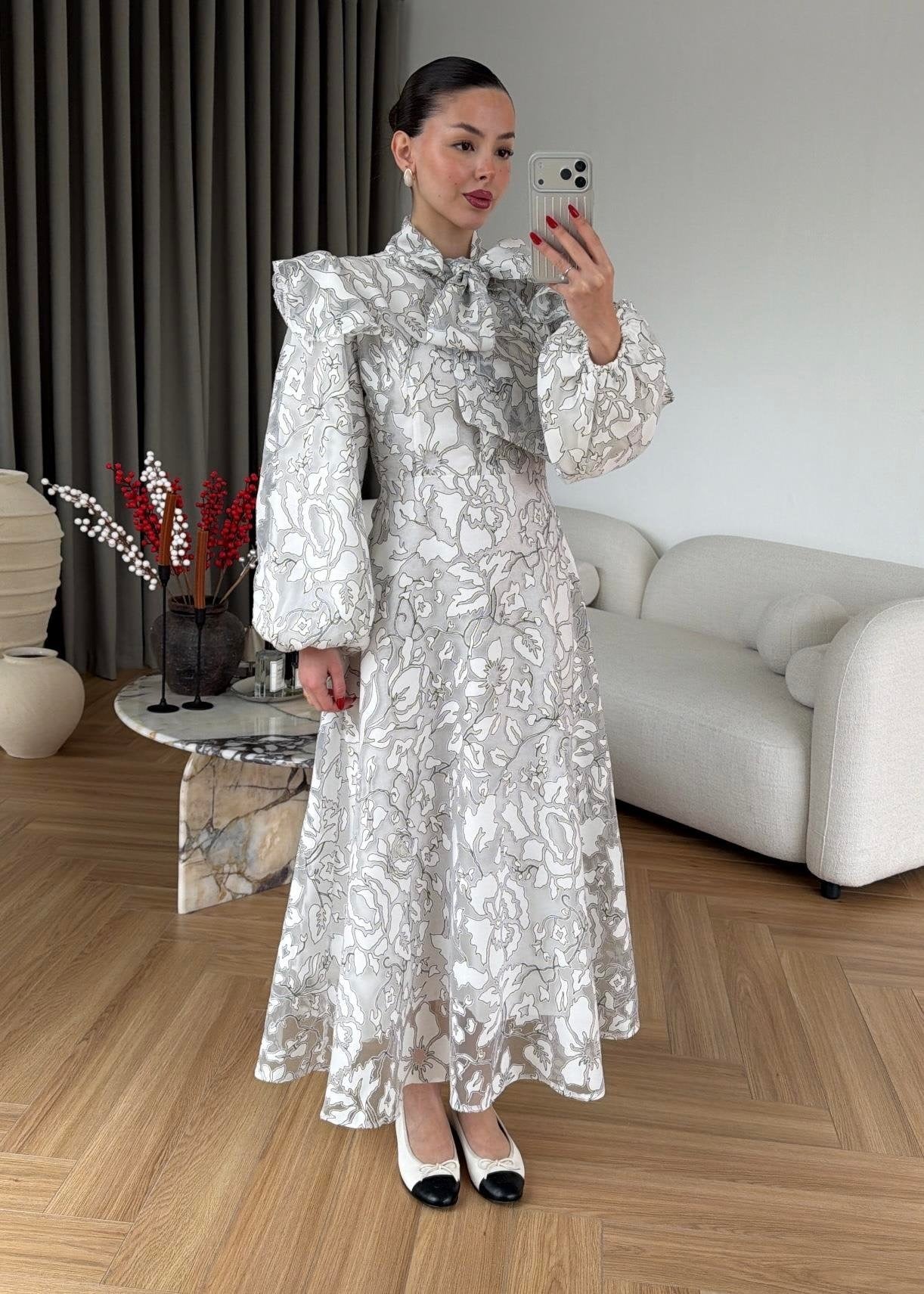 Jakarlı Astarlı Tül Elbise BEYAZ