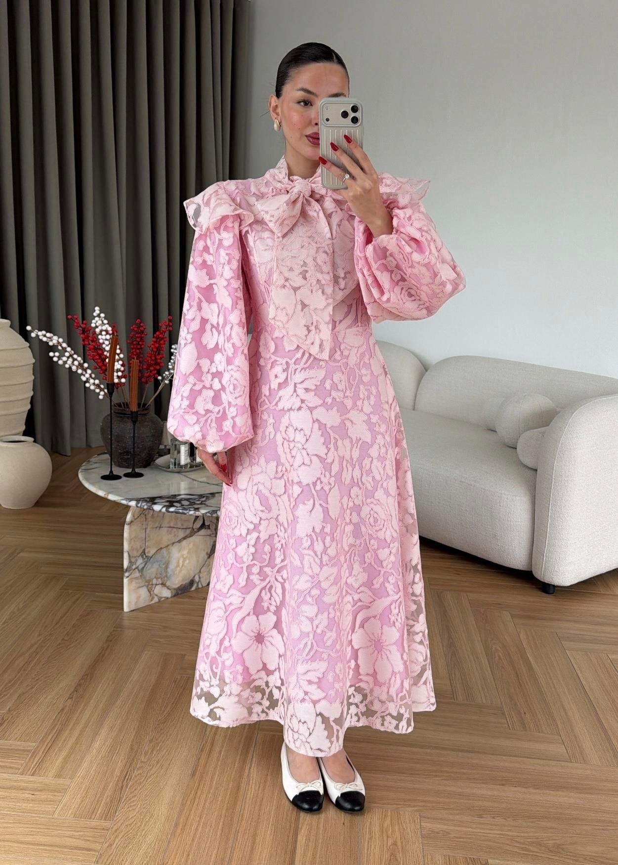 Jakarlı Astarlı Tül Elbise PUDRA PEMBE