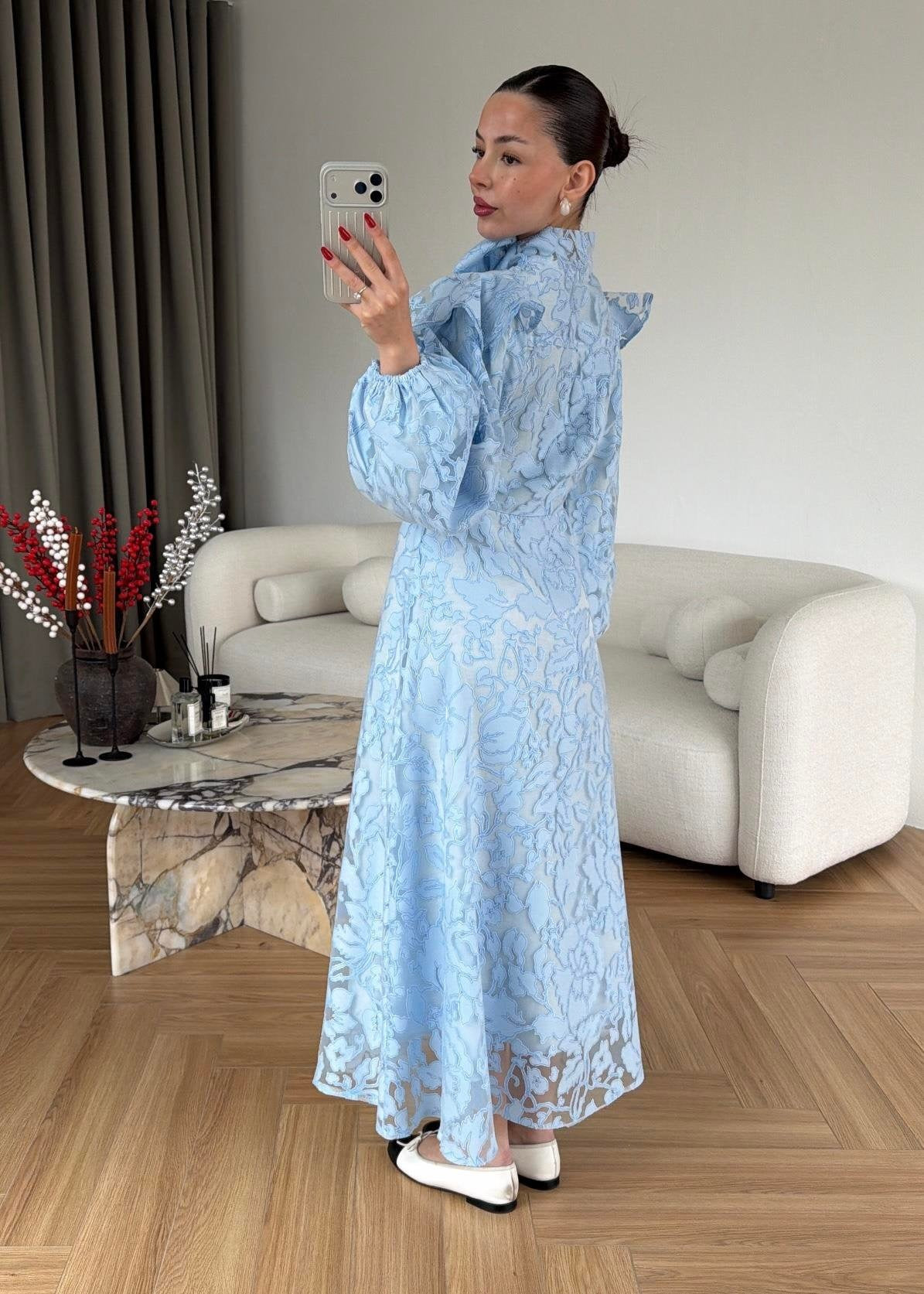 Jakarlı Astarlı Tül Elbise BEBE MAVİ