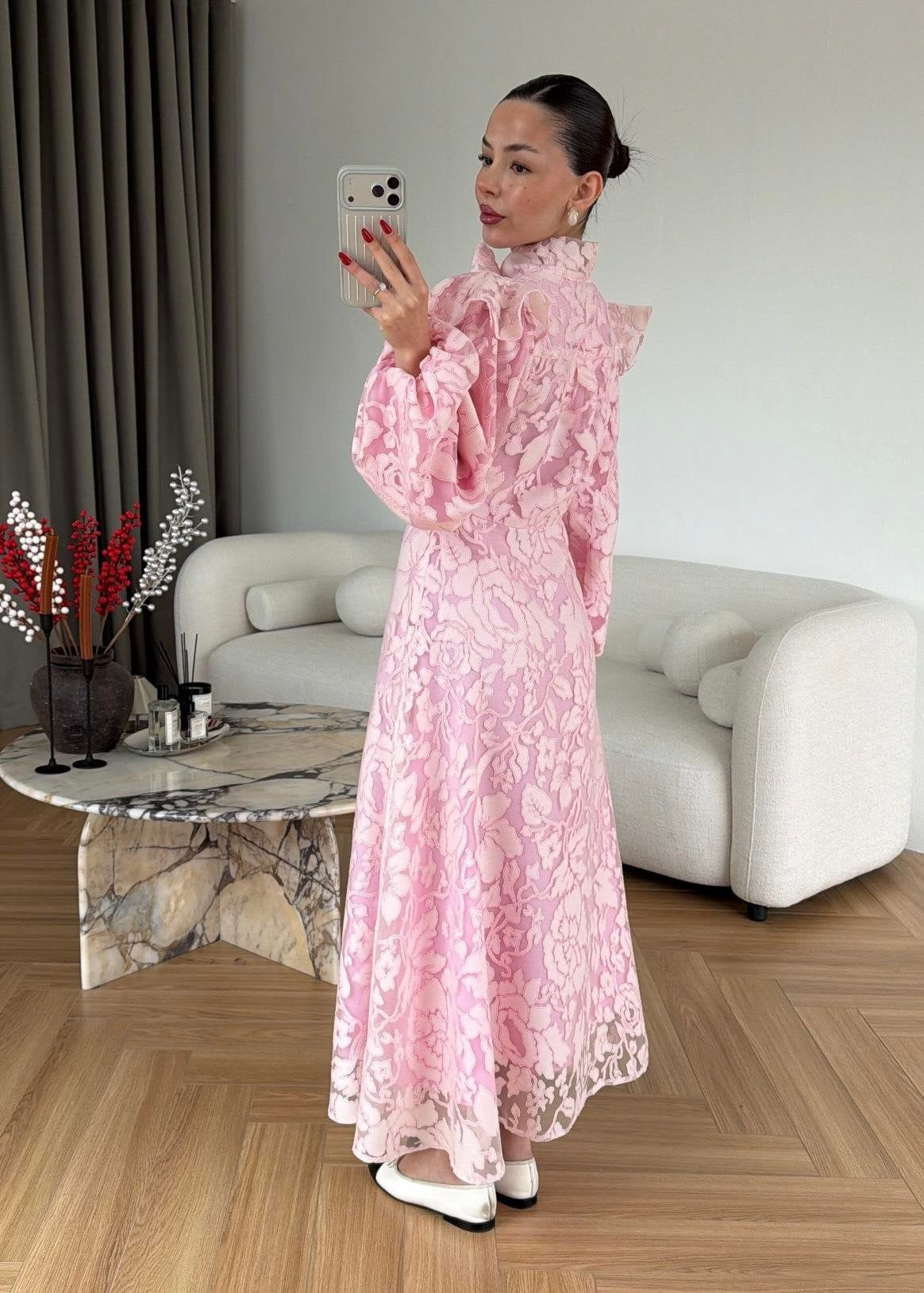 Jakarlı Astarlı Tül Elbise PUDRA PEMBE