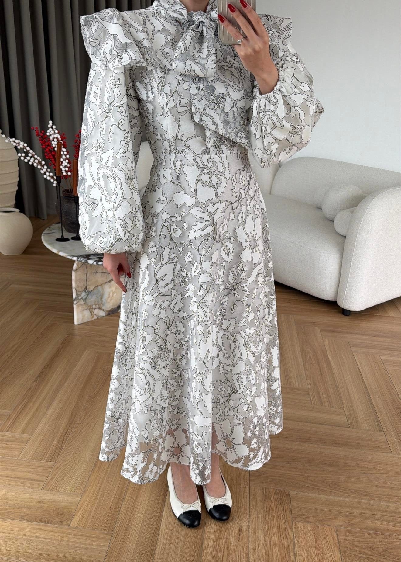 Jakarlı Astarlı Tül Elbise BEYAZ