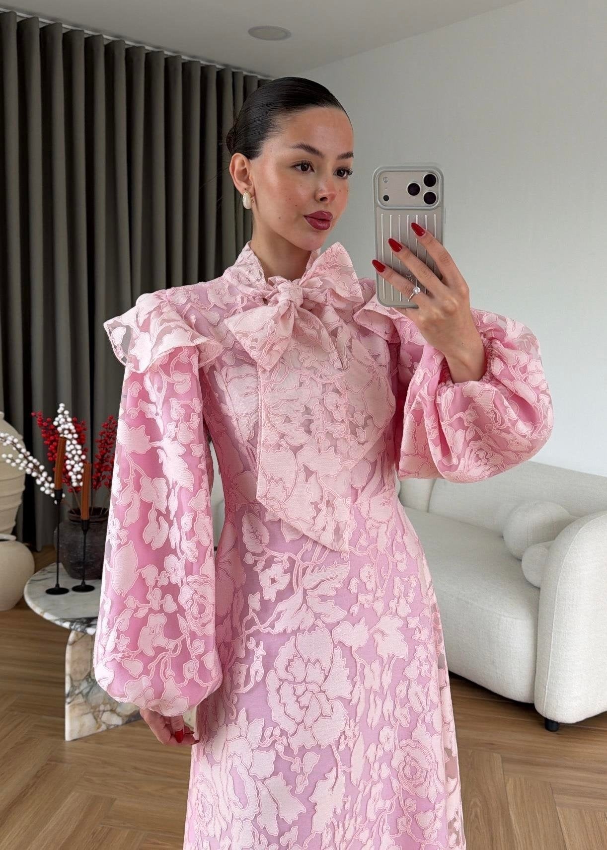 Jakarlı Astarlı Tül Elbise PUDRA PEMBE