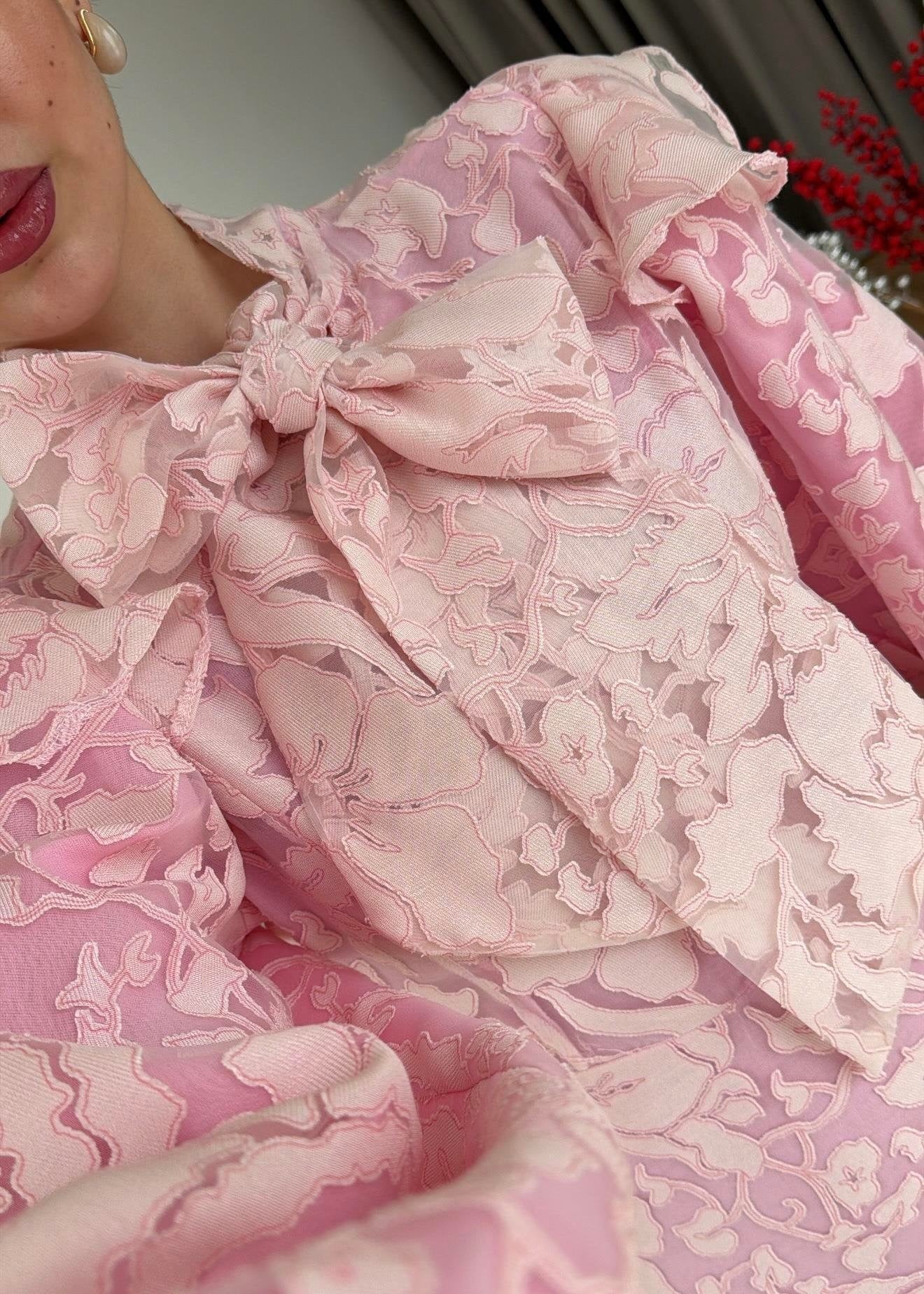 Jakarlı Astarlı Tül Elbise PUDRA PEMBE